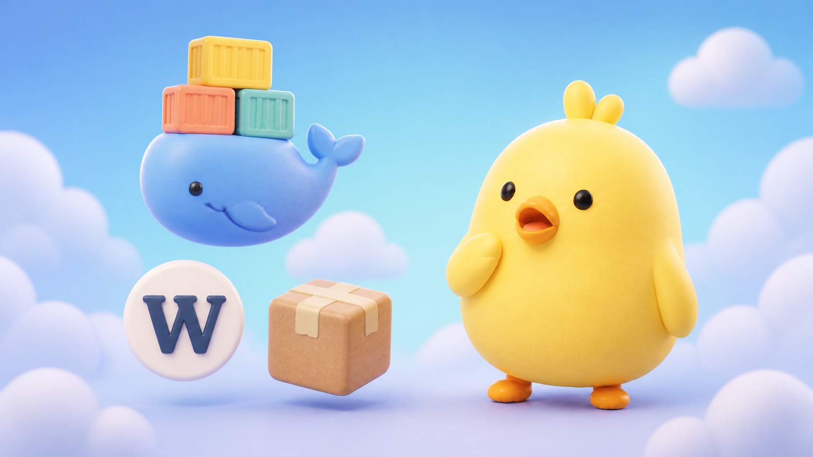 Docker + WP-envで環境を作ろう講座のサムネイル。コンテナを背負ったクジラとWordPressバッジとひよこ